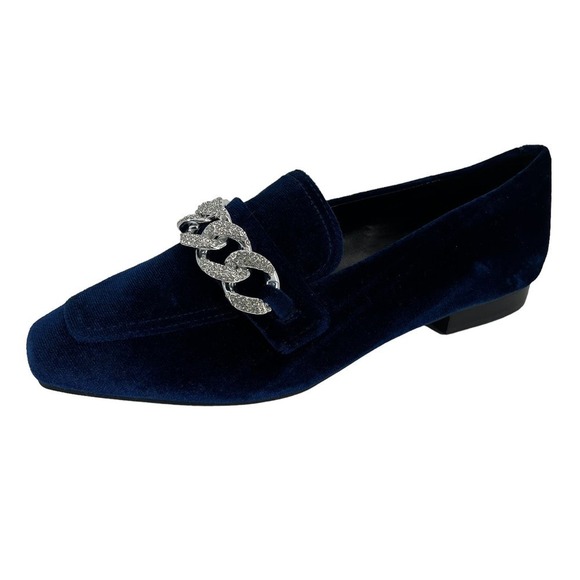Steve Madden Loafer Rilynn Velvet Blue Rhinestone Silver Chain Women’s 7.5 M - Picture 1 of 10